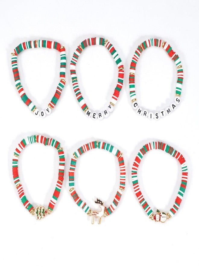 Lonext 6pcs Christmas Bracelets for Women Polymer Clay Stackable Stretch XMAS Gift Beaded Bracelets - Image 5